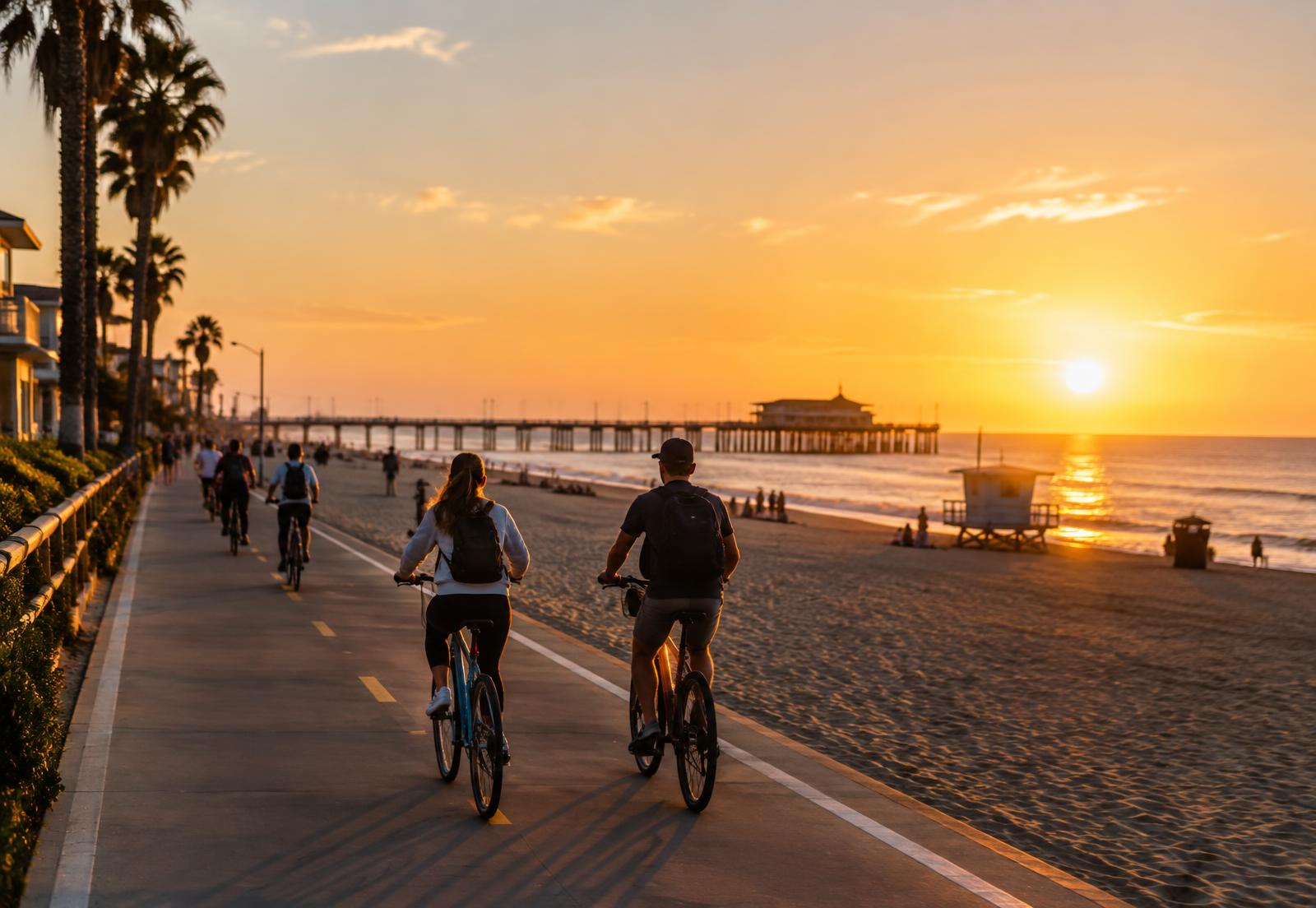 The Strand bike path at sunset in Redondo Beach